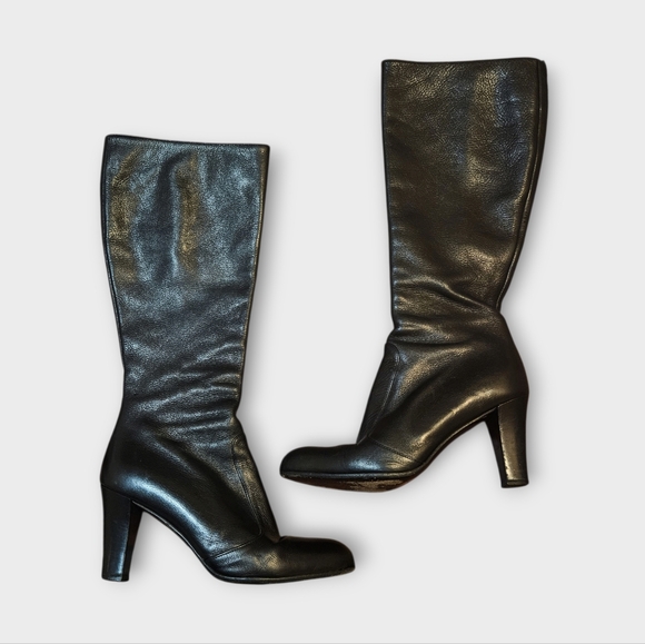 LK Bennett Black Leather Knee High Zip Up Heeled Boots Size 39